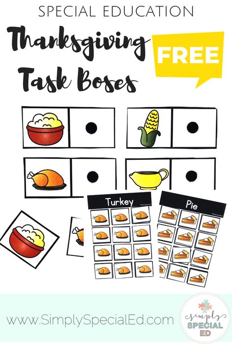 Free Thanksgiving Task Boxes - Simply Special Ed - This is a great way to create work stations in a special education classroom. Quickly prep, pull, and clean up. Students learn independence, increase motivation, become more confident, and get used to schedules and routines. These are all a win! Click to see how to gain access to over 50 downloads and grab this #Thanksgiving freebie today! #ThanksgivingTaskBoxes #SpecialEducation #SpecialEd Fall Task Boxes, Thanksgiving Special Education, Task Boxes Preschool, Special Education Visual Schedule, November Themes, Thanksgiving Readings, Special Education Lesson Plans, Increase Motivation, Special Education Math