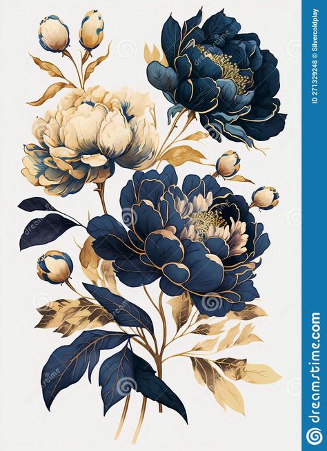 Navy Blue And Gold Background Wallpapers, Blue And Gold Watercolor, Blue And Gold Flowers Wallpaper, Navy Watercolor Background, Navy Blue Floral Background, Navy Blue Watercolor Background, Red Rose Png, Peony Illustration, Japanese Drawings