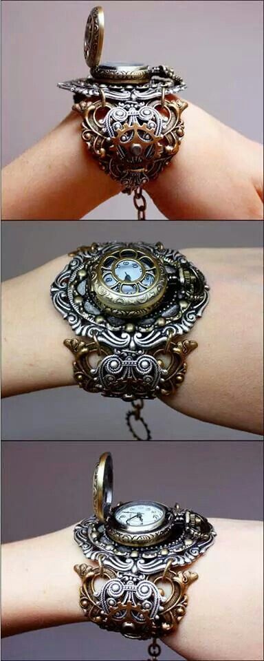 A lady's "pocket watch", but it's more like a flip-top wrist-watch. No matter what it's called, I would totally wear it. :D Moda Steampunk, Mode Steampunk, Steampunk Watch, Bracelets And Rings, Style Steampunk, Steampunk Accessories, Victorian Steampunk, Steampunk Costume, Gothic Steampunk