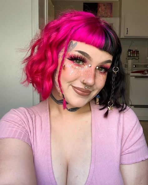 split dye, hair color, hair dye, pink hair, braids, makeup, piercing, tattoos, alt, short hair, bangs Pink Split Dye, Arctic Fox Virgin Pink, Split Dye Hair, Fox Hair Color, Split Dye, Split Dyed Hair, Pink Hair Dye, Fox Hair, Arctic Fox Hair Color