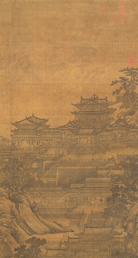 Part of painting "Palace of Han Empire" (汉苑图), by Li Rongjin (李容瑾) of the Yuan Dynasty (1271 — 1368) and now preserved in the Taipei Palace Museum, portrays the view of a magnificent palace of the Han Dynasty (202 BC — 220 AD). Han Dynasty Architecture, Han Dynasty Art, Ancient China Aesthetic, China Dynasty, Yuan Dynasty, The Han Dynasty, Chinese Paper, Eyeliner Styles, Han Dynasty