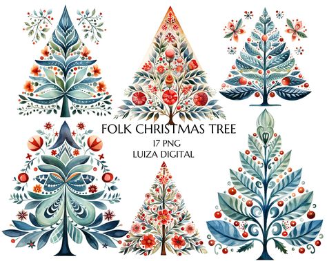 Scandinavian Christmas Folk Art, Scandinavian Christmas Painting, Diy Scandinavian Christmas Decorations, Nordic Folk Art Christmas, Scandinavian Christmas Cards Folk Art, Nordic Christmas Scandinavian Style, Scandinavian Christmas Decor Ideas, Scandi Christmas Illustration, Folk Art Christmas Tree