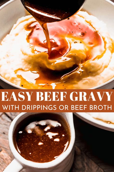 Learn how to make beef gravy with beef drippings or beef broth! With only 10 minutes of hands-on work, it’s surprisingly simple and yields rich and beefy brown gravy every time. Perfect for french fries, meat, potatoes, and more! Gravy From Beef Broth, Beef Gravy Recipe With Flour, Pan Gravy With Drippings Beef, Beef Gravy Recipe With Bouillon, How To Make Beef Gravy With Beef Broth, How To Make Beef Gravy, Homemade Beef Gravy With Drippings, Brown Gravy Recipe Easy With Drippings, Gravy With Beef Broth