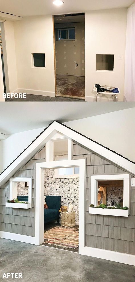 Indoor playhouse Kids Indoor Playhouse, Indoor Playhouse, Build A Playhouse, Chris Loves Julia, Basement Remodeling, Dog House, Cheap Home Decor, Play Houses, Small Space