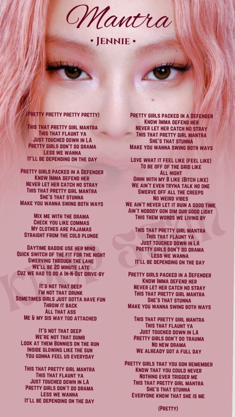 #jennie #Marta Mantra Song Jennie, Mantra By Jennie, Blackpink All Songs List, Mantra Jennie Lyrics, Jennie Mantra Song, Black Pink Lyrics, Kpop Songs Lyrics, Blackpink Song Lyrics, Jennie Song