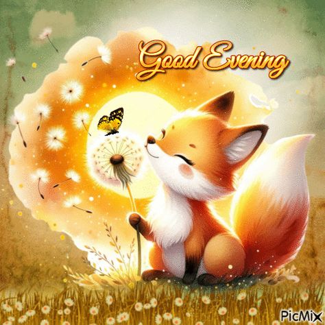 Good Evening Little Fox, Dandelion and Butterfly Good Night Cute Gif, Good Evening Gif, Dandelion And Butterfly, Evening Gif, Sunset Meadow, Nice Stickers, Good Evening Images, Evening Wishes, Moon Pics