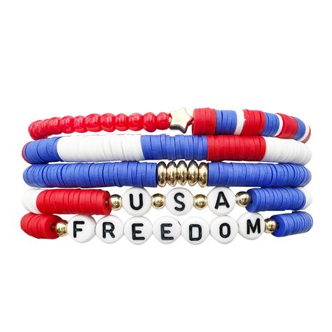 PRICES MAY VARY. Fourth of July Bracelet Set: Express your patriotism with a five-piece Independence Day themed bracelet set. Colorful, flexible, easy to match. Material: Patriotic bracelet made of high-quality polymer clay, no lead, no nickel, safe to wear. Light weight suitable for long-term wear, will not be tired to the wrist. Independence Day accessories: Perfect for the beach, work, school, parties, banquets, vacations, gift-giving, just to look cool. The perfect gift to share with friends 4th Of July Bracelets, Patriotic Bracelet, Bracelets Summer, Layering Bracelets, Clay Bead Bracelet, Clay Bead, School Parties, Layered Bracelets, Clay Beads