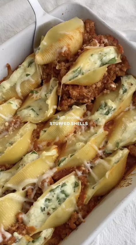 High Protein Stuffed Shells by luciiacro | Quick & Easy Recipe | The Feedfeed Stuffed Shells Protein, Protein Packed Pasta Recipes, Italian Protein Recipes, Protein Stuffed Shells, Beef High Protein Meals, 300 Calorie Lunch Meal Prep, Homecooked Meals Dinners, Protein Meals Prep, High Protein Beef Meals