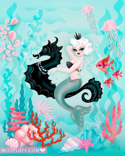 Miss Fluff's Blog - The Art of Claudette Barjoud, a.k.a Miss Fluff Fat Mermaid, Mermaid Sign, Miss Fluff, Underwater Scene, Arches Watercolor Paper, Mermaid Painting, Vintage Inspired Art, Mermaid Coloring Pages, Glass Glitter