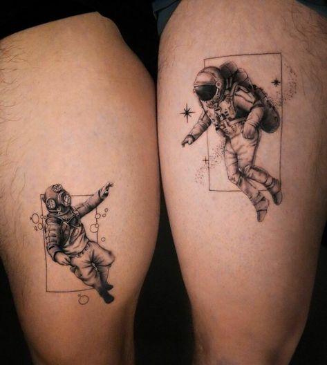 Ocean To Space Tattoo, Two Astronauts Tattoo, Astronaut With Flowers Tattoo, As Above So Below Tattoo Astronaut, Couples Space Tattoos, Sea Space Tattoo, Diver And Astronaut Tattoo, Astronaut Scuba Diver Tattoo, Matching Astronaut Tattoos