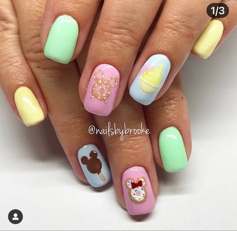 Cute Disney Nails Short, Disney Food Nails, Disney Snack Nails, Disney Pastel Nails, Disney Easter Nails, Bright Disney Nails, Disney Spring Nails, Colorful Disney Nails, Pastel Disney Nails