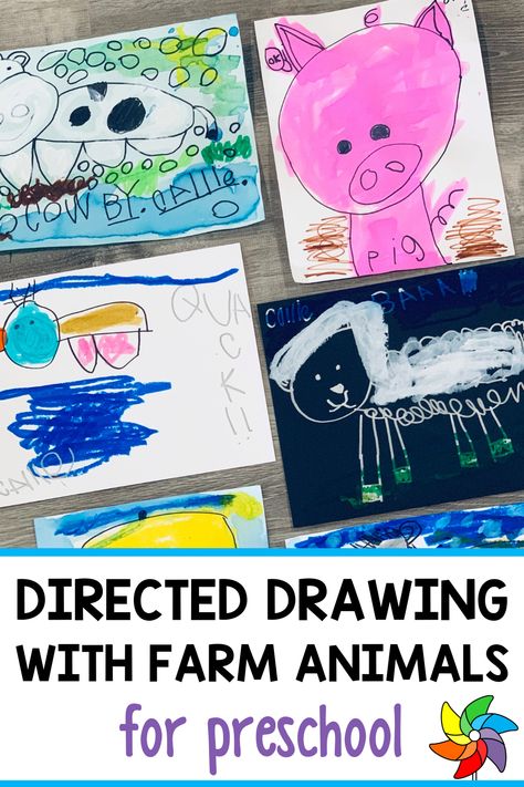 Looking for a fun and engaging directed drawing activity for your preschoolers? This farm animal directed drawing helps students with their fine motor skills including pencil grasp, hand-eye coordination. This step by step directed drawing helps students learn how to draw animals as well as learn animal sounds. During this preschool craft, students get to use tempera sticks and water color paints. This low budget craft is simple and enjoyable for all students. Farm Directed Drawing, Drawing For Preschoolers, Farm Animal Art Preschool, Animal Directed Drawing, Preschool Drawing Activities, Easy Preschool Art Projects, Lesson For Preschoolers, Directed Drawing Kindergarten, Tk Ideas