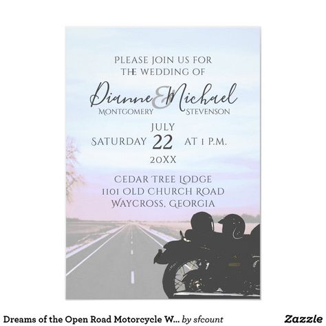 Dreams of the Open Road Motorcycle Wedding Invitation Motorcycle Wedding Invitations, Wedding Bike, Bike Birthday Parties, Dirt Bike Party, Bike Party, Dirt Bike Birthday, Bike Wedding, Motorcycle Wedding, Biker Wedding