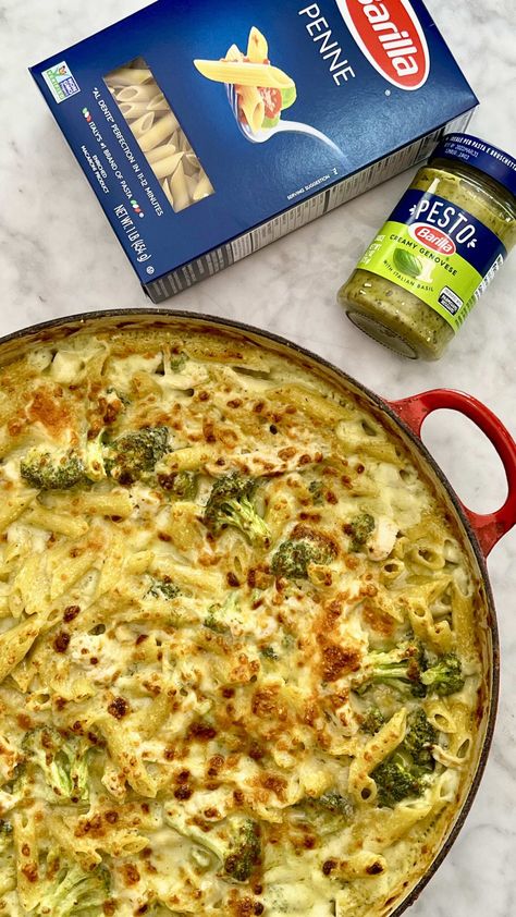 Creamy Chicken Pesto Pasta Bake - Tasty Bites Creamy Pesto Chicken And Broccoli Bake, Pesto Pasta Bake Recipes, Creamy Pesto Chicken And Broccoli Pasta, Creamy Pesto Pasta Bake, Barilla Pesto Pasta, Alfredo Pesto Pasta, Chicken Bacon Broccoli Pasta, Pesto Chicken Casserole, Pesto Ranch Chicken