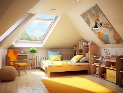 35 Best Layout Tips for a Small Attic Bedroom with Sloping Ceilings Small Loft Playroom, Attic Room Nursery, Sloped Ceiling Nursery, Attic Bedroom Ideas Angled Ceilings Slanted Walls Decor, Kids Attic Bedroom, Attic Nursery Sloped Ceiling, Attic Playroom Ideas Sloped Ceiling, Attic Sloped Ceiling, Sloping Roof Bedroom