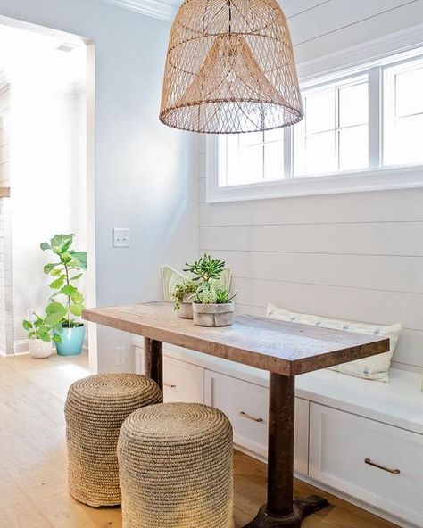 Dining Bench Against Window, Dining Table Against Window, Framing A Window, Shiplap Trim, Basket Chandelier, Saarinen Dining Table, Window Seat Kitchen, Cottage Dining Rooms, Transitional Dining Room