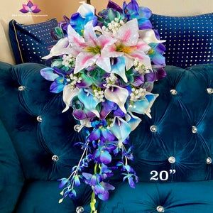 Bridal Bouquet Lilies, Turquoise Wedding Bouquets, Blue Orchid Bouquet, Galaxy Orchid, Bridal Bouquet Purple, Purple Turquoise Wedding, Orchid Bridal Bouquets, Enchanted Flowers, Sunflower Bridal Bouquet