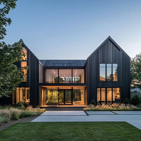 Modern Farmhouse Architecture Exterior, Napa Farmhouse Exterior, Charcoal And Black Barndominium, Scandinavian Ranch House, Modern Farmhouse Exterior Black, Black Modern Cabin, Modern Rustic Exterior House, Farmhouse Two Story, Brick And Wood Exterior