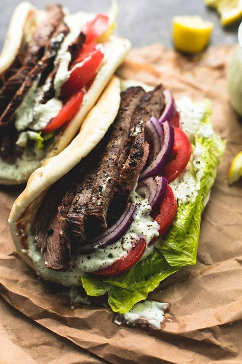 Steak Gyros with Tzatziki Cucumber Sauce | lecremedelacrumb.com Cucumber Sauce For Gyros, Sauce For Gyros, Gyro Recipe Beef, Steak Gyros, Beef Gyro, Cucumber Sauce, Greek Gyros, Gyro Recipe, Doner Kebab