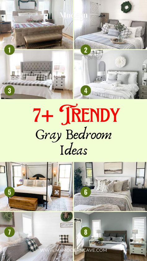 7+ Chic Gray Bedroom Ideas Tailored for Farmhouse Elegance Gray Upholstered Bed, Light Grey Bedding, Gray Bedroom Ideas, Blue Gray Bedroom, Gray Bedroom Walls, Blue Grey Walls, Bedroom Color Combination, Farmhouse Style Bedrooms, White Bed Frame