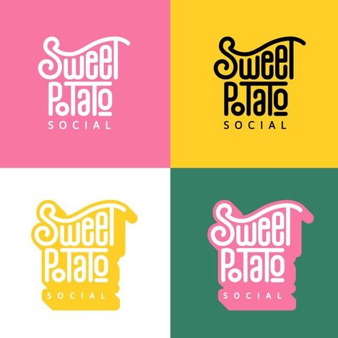 A cool and funky logo design and brand identity pack for Sweet Potato Social, with bright colors, bubble font, and a fun logo and identity. Click through for the full creative branding and web design project. Funky branding, Quirky branding, Quirky logo, Fun logo design, Funky typography Logos With The Word The, Avocado Stationary, Funky Logo Design Brand Identity, Funky Brand Design, Fun Typography Logo, Sweet Graphic Design, Fun Logo Ideas, Seltzer Branding, Gum Branding