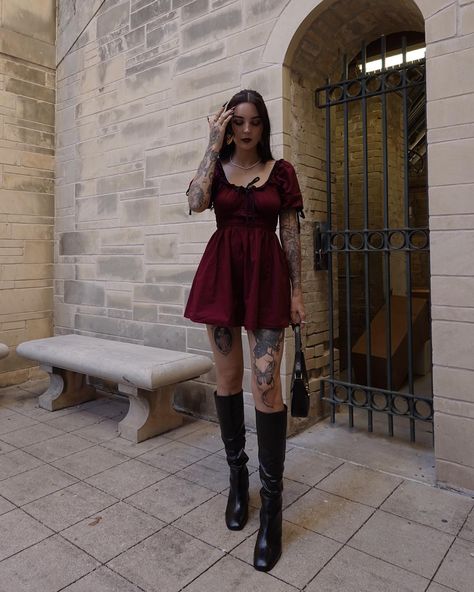 whoever said burgundy is the new black was seriously disturbed 🥀 . . . . . earrings @regalrose code AUSSIEDOMXO necklace @mariejunejewelry code DOMINIQUEMJ goth coquette, girly goth, alt girl, fall dress, puff sleeve, burgundy outfit, dark coquette, dark feminine, knee high boots, austin fashion, texas autumn, witchy vibes Dark Girly Outfits, Dark Feminine Red, Feminine Goth Outfit, Red Knee High Boots Outfit, Texas Autumn, Girly Goth Outfits, Red Goth Outfits, Dark Feminine Outfits, Romantic Goth Outfits