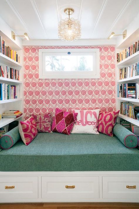 Kids Reading Nook Built In Bench Built In Daybed, Cozy Window Seat, Reading Nook Kids, Bed Nook, Pink Floral Wallpaper, Built In Bookcase, Built In Bench, Cozy Nook, Dining Room Bench