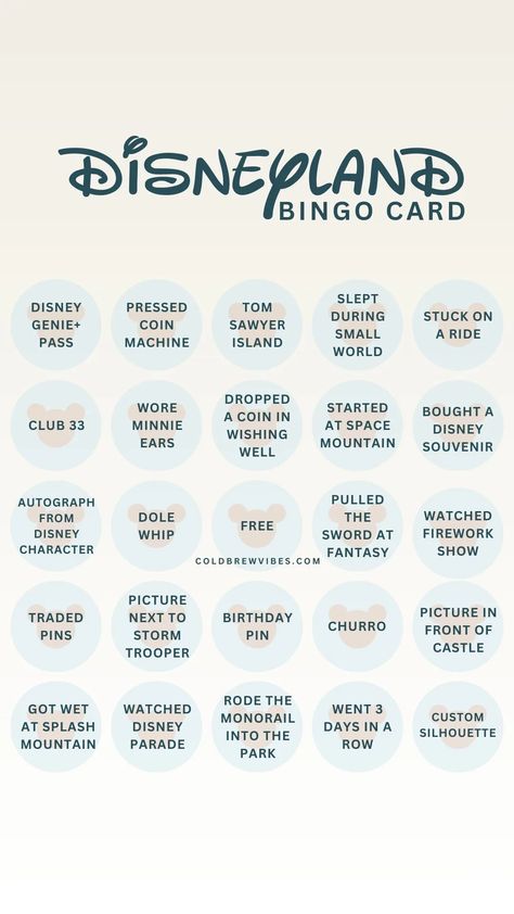 Get ready to show everyone how much of a Disneyland fan you are by completing this Disneyland Bingo Card. You have many ways to win, as long as you can scratch off one row, multiple rows, or all rows. Some of the options are simplified, but you get the gist if an item says “Pressed Coin Machine” – this means you’ve used it as “Dole Whip” suggests that you’ve consumed a Dole Whip in Disneyland. Disney Bingo, Coin Machine, Disney Autograph, Bingo Card, Disney Ideas, Dole Whip, Scratch Off, Bingo Cards, Journal Pages