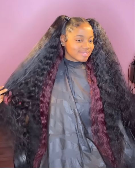 Two Ponytails With Weave In The Back, 2 Ponytails Half Up Half Down Curly Hair, Half Up Half Down Two Ponytails, 2 Ponytails Half Up Half Down, Two Ponytails Half Up Half Down, Cute Weave Hairstyles, Black Girls Hairstyles Weave, Quick Weaves, Long Weaves