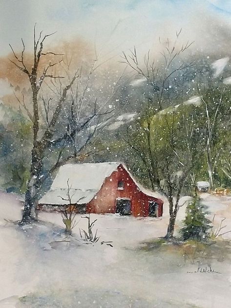 Watercolor Barns, Snow Landscape, Winter Landscape Painting, Young Art, Barn Painting, Winter Watercolor, Winter Painting, 수채화 그림, Watercolor Landscape Paintings