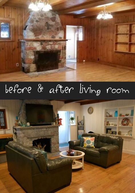 ugly stone fireplace makeover, concrete masonry, fireplaces mantels Playroom Sunroom, Fireplace Transformation, Wood Paneling Living Room, Wood Paneling Makeover, Stone Fireplace Makeover, Paneling Makeover, White Washing, Painting Wood Paneling, Room With Fireplace