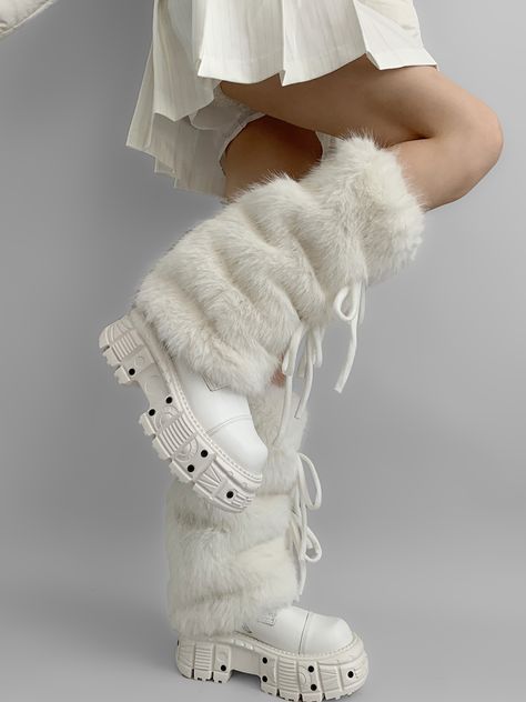 Step into the enchanting world of autumn and winter fashion with our White Self-tie Bowknots Faux Fur Leg Warmers. Adorned with delicate, self-tie bowknots, these leg warmers offer a customizable fit and an extra dose of kawaii cuteness. The classic white hue complements any outfit. Garment Size SizeFree SizeFull Length40Cuff28/42 White Boots With Fur, White Fur Accessories, Leg Warmers Fur, Flared Leg Warmers Outfit, White Fur Leg Warmers, White Rave Fit, Christmas Clothes Aesthetic, White Fur Outfit, Fluffy Outfits