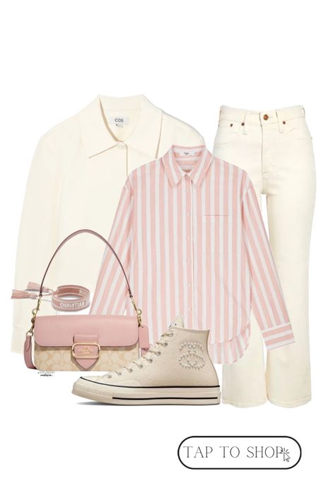 Pink And Cream Outfit, Pink Outfits Casual, Pink Striped Shirt Outfit, Shirt Spring Outfit, Striped Shirt Outfit, Parisian Chic Outfits, Pink Shirt Outfit, Outfits With Striped Shirts, Pink Ootd