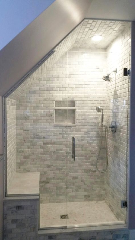 Sloped Ceiling Bathroom, Attic Shower, Attic Bathroom Ideas, Small Attic Bathroom, Shower Door Designs, Ensuite Shower Room, Loft Bathroom, Frameless Shower Door, Bench With Drawers