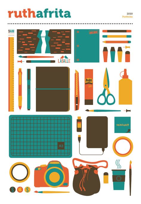 2010 Portfolio on Behance Graphic Design Stationary, School Supplies Illustration, Sustainability Illustration, Designer Essentials, Graphic Design School, Minimalist Graphic Design, Flyer Design Inspiration, Type Illustration, Diy School Supplies