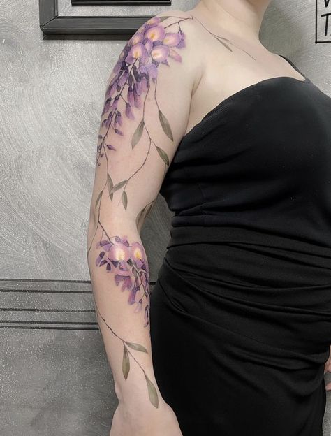 Wisteria Tattoo, Purple Tattoos, Vine Tattoos, Leg Tattoos Women, Blossom Tattoo, Painting Tattoo, Celebrity Tattoos, Elegant Tattoos, Feminine Tattoos