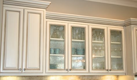 AFTER~seeded glass cabinets to display a pop of color in the kitchen. Glazed ivory cabinets, wall color Revere Pewter. Seeded Glass Cabinet Doors, Leaded Glass Cabinet Doors, Seeded Glass Cabinets, Leaded Glass Cabinets, Custom Closet Doors, Ivory Cabinets, Interior Doors Modern, White Hawk, Custom Sliding Doors