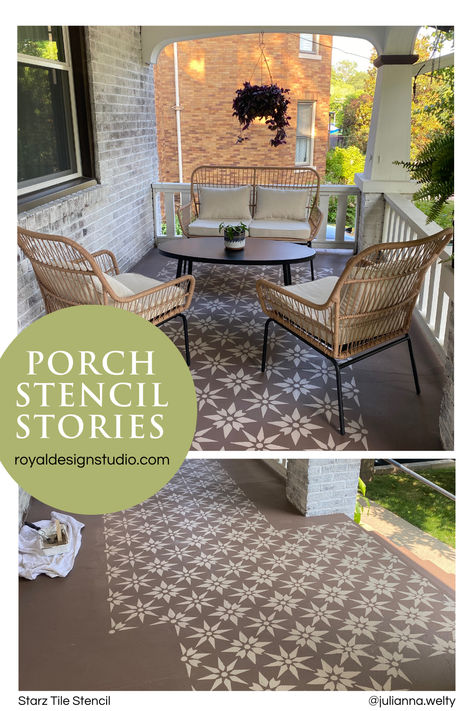 There is no one better to tell the stencil story of how paint + stencils can transform a tired space than our amazing stencil customers! One of the most popular places our customers are using stencils these days is on concrete porches. It makes sense! A porch is the gateway to the house and enlivening up this area is the perfect way to welcome guests (and yourself) into your home. Concrete Porch Makeover, Painted Porch Floors, Concrete Front Porch, Paint Concrete Patio, Stencil Concrete, Paint Concrete, Front Porch Makeover, Porch Paint, Porch Tile