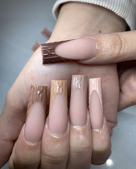 Fall Nails Browns, Cream Nude Nails, Brown Acrylic Nails Almond, Almond Sweater Nails, Nude Brown Nail Designs, Cream And Brown Nails, Beige French Tip Nails, Fall Nails French Tip, Nude French Tip Nails