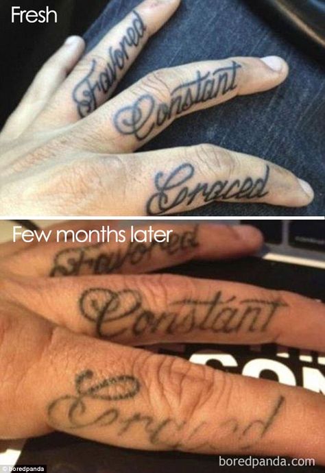 This man chose three of his favourite adjectives to have emblazoned on his fingers but one of them was illegible a few months later Healed Finger Tattoos, Finger Tattoos Fade, Side Finger Tattoos, Inside Finger Tattoos, Finger Tattoo For Women, Finger Tattoo Designs, Omerta Tattoo, Inspiration Tattoos, Healing Tattoo