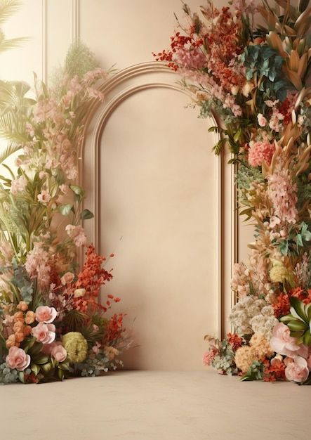 Premium Photo | There is a large circular wreath with flowers and lights in the corner generative ai Studio Photography Backdrop, Background Photo Studio, Digital Photography Backgrounds, Photo Studio Lighting, Background Studio, Interior Design Photography, Photography Backgrounds, Studio Backdrops, Floral Backdrop