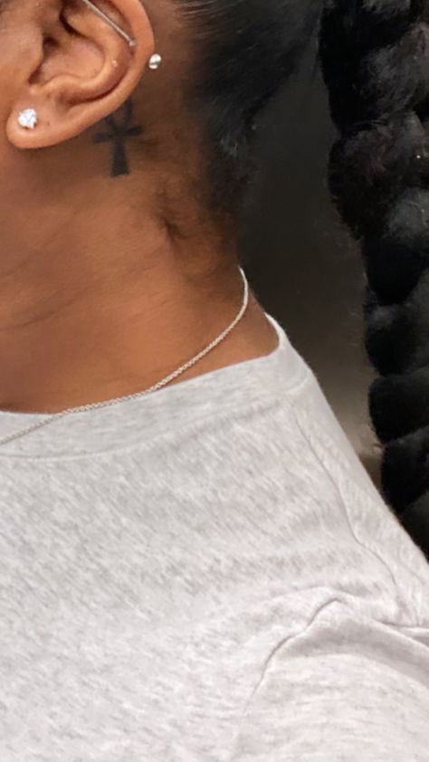 Anhk Tattoos Behind Ear, Ankh Behind Ear Tattoo, Small Tattoo Black Women, Tattoo Ideas Female Behind The Ear, Ankh Neck Tattoo, Ankh Tattoo Women, Tattoos Behind The Ear Meaningful, Neck Tattoos Women Side, Small Tattoos Black Women