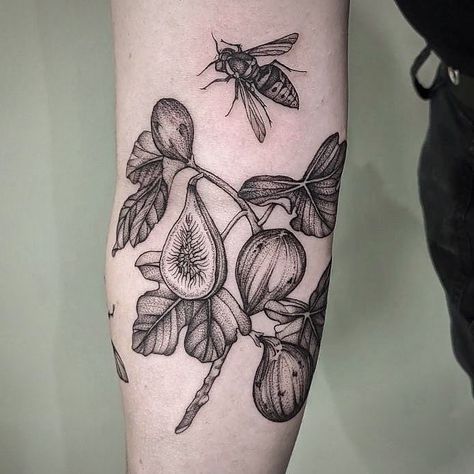 Black Work Nature Tattoo, Realistic Botanical Tattoo, Fineline Botanical Tattoo, Black And Grey Nature Tattoos, Herb Bundle Tattoo, Botanical Forearm Tattoo, Fig Branch Tattoo, Fig Leaf Tattoo, Botanical Blackwork