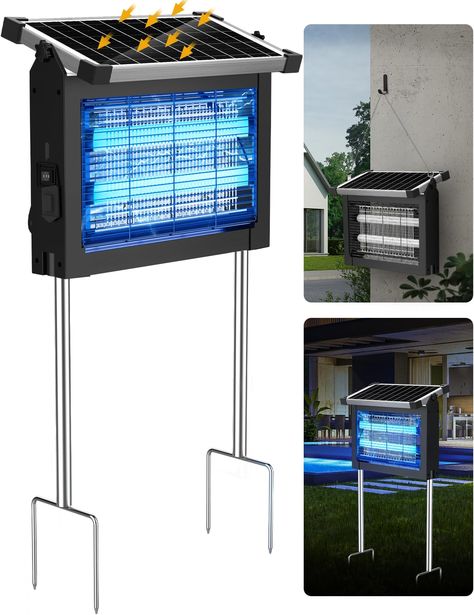 PRICES MAY VARY. Upgraded Solar Bug Zapper: This advanced solar-powered bug zapper, uses a special light wavelength to lure and eliminate pests with a 4500V grid. Safer and more eco-friendly, it comes with a safety net to protect kids and pets from shocks. This powerful device can keep an area of 2100 square feet free from flies, mosquitoes, wasps, moths, and other flying insects. Multiple Operating Modes for Convenience: Mosquito zapper features various operating modes, including automatic, man Light Wavelength, Fly Zapper, Electric Mosquito Killer, Kill Bugs, Mosquito Zapper, Mosquito Control, Bug Zapper, Safety Net, Mosquito Killer