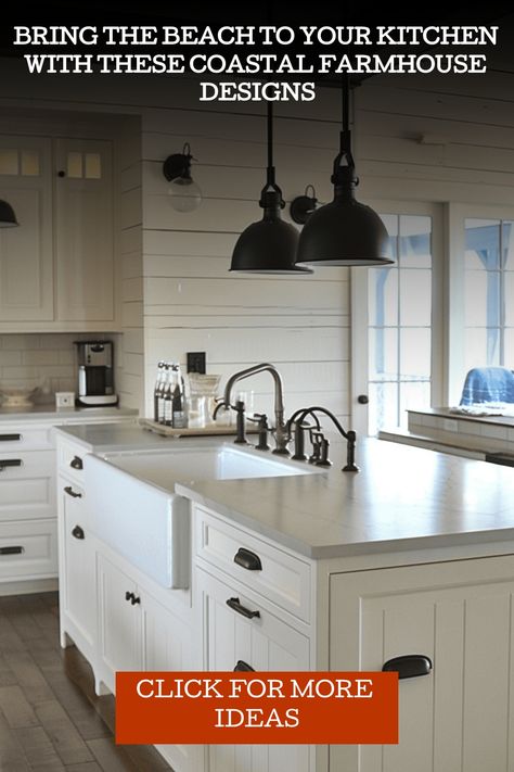 Explore the best of beach living and farmhouse charm with these coastal kitchen makeovers. Coastal Farmhouse Kitchen Decor, Farmhouse Breakfast Nook, Farmhouse Kitchen Designs, Distressed Wood Table, Farmhouse Kitchen Island Lighting, Modern Coastal Farmhouse, Coastal Farmhouse Kitchen, Farmhouse Kitchen Lighting, Farmhouse Designs