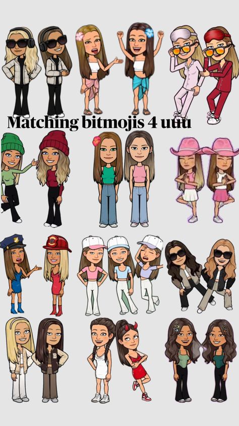 Snapchat Bitmoji Best Friends, Best Friend Matching Bitmoji Outfits Snapchat, Matching Bff Bitmoji, Two Person Bitmoji Outfits, Cute Matching Fits For Best Friends, Matching Outfits For Snapchat, Snapchat Duo Outfits, Friend Bitmoji Ideas, Cute Matching Snapchat Outfits