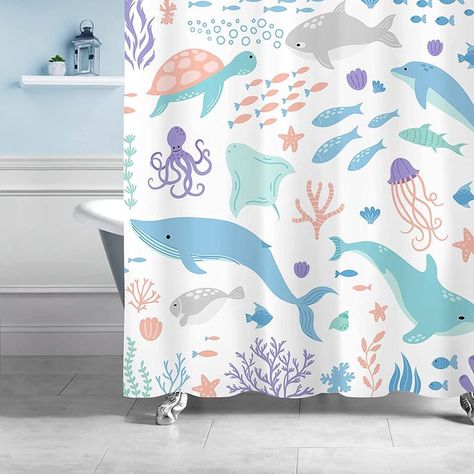 Pastel-colored kids shower curtain with an ocean theme featuring whales, sea turtles, and fish. Coral Bathroom Decor, Bathroom Decor Colorful, Kids Bathroom Colors, Coral Bathroom, Industrial Pipe Furniture, Kids Shower Curtain, Light Blue Fabric, Pipe Furniture, Fabric Shower Curtain