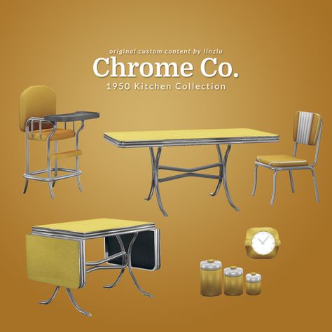 Chrome Co. | 1950 Kitchen Collection | linzlu on Patreon 1950 Kitchen, 50s Furniture, 1950s Furniture, Sims 4 Decades Challenge, 70s Furniture, 1960s Furniture, Sims Houses, Sims 4 Toddler, The Sims 2