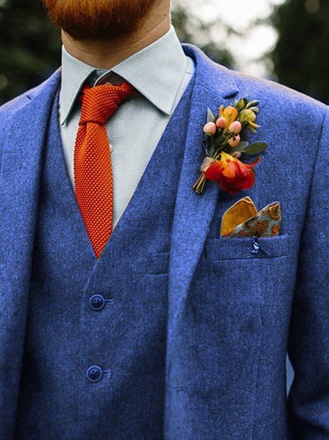 blue orange wedding suit groom boho hipster indie Blue Wedding Suit Groom, Navy Groomsmen Suits, Blue Orange Weddings, Blue Groomsmen Suits, Groom Blue Suit, Blue Groomsmen, Orange Wedding Themes, Orange Wedding Colors, Dark Blue Suit