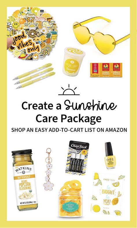 A list of items for a Sunshine Care Package. All yellow like the Sun. Gift Basket For Adults, Sunshine Care Package, Care Package Ideas, Pineapple Rings, Popcorn Seasoning, Package Ideas, Amazon Storefront, Happy Mail, Care Package